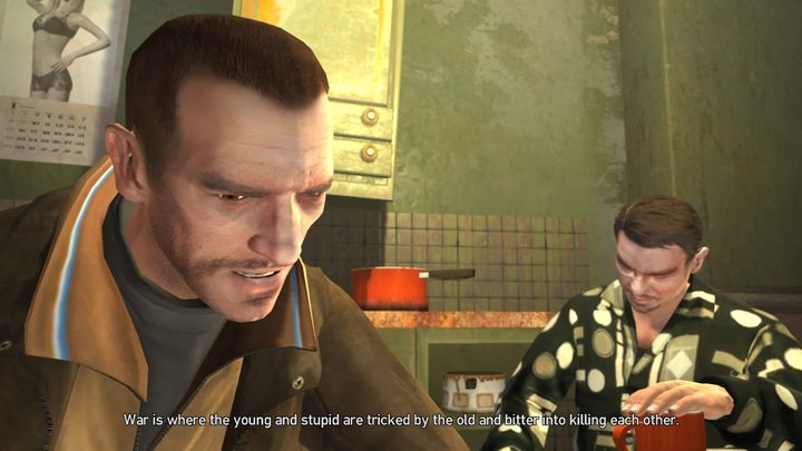Niko talking about war in a kitchen.