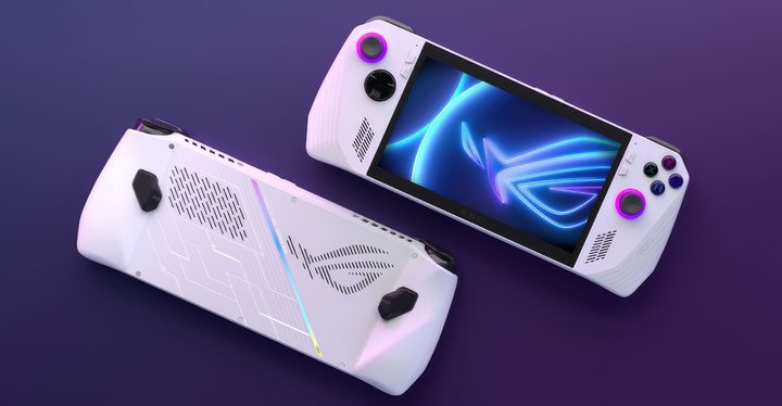 Asus ROG Ally on a purple background.