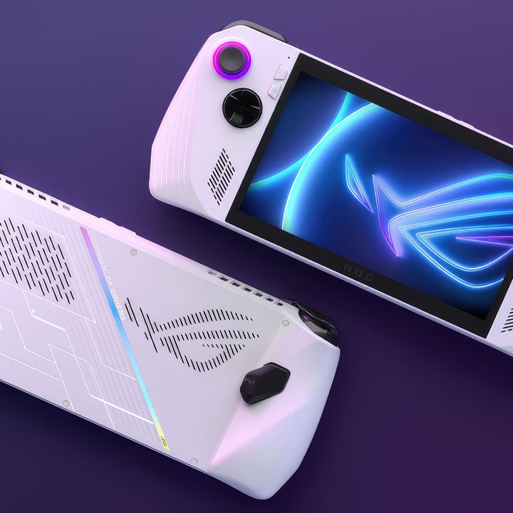 Asus ROG Ally on a purple background.