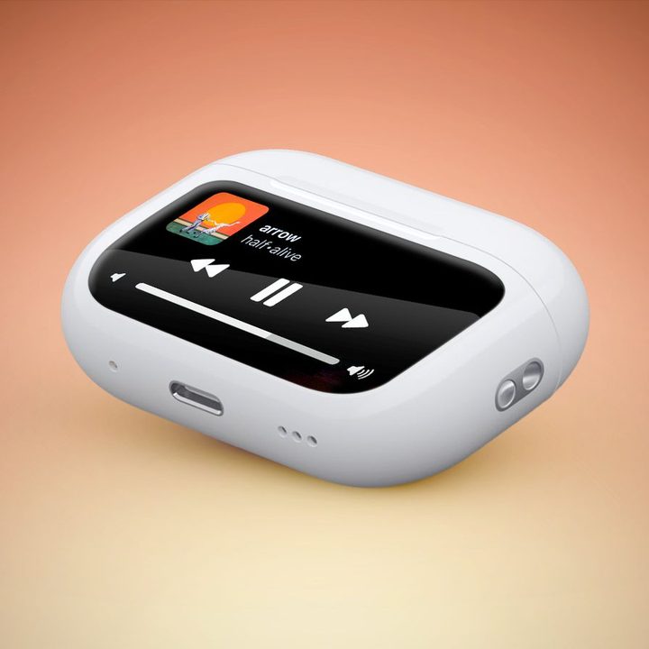 A concept of an AirPods Pro case with a touchscreen made by MacRumors.