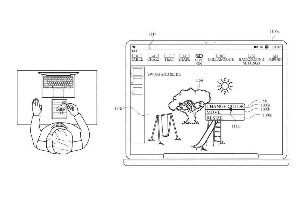An illustration from an Apple patent depicting a person drawing on a notepad and being shown extra editing options on their lapt