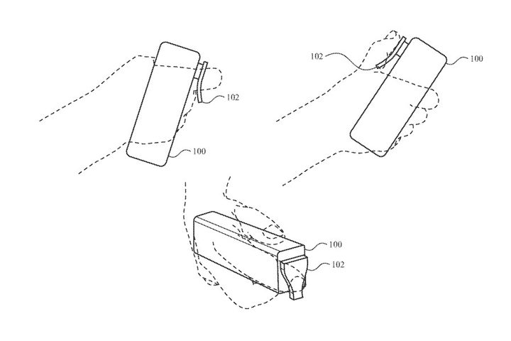 A few illustrations of a patent filed by Apple depicting a virtual reality headset controller shaped like a trigger.