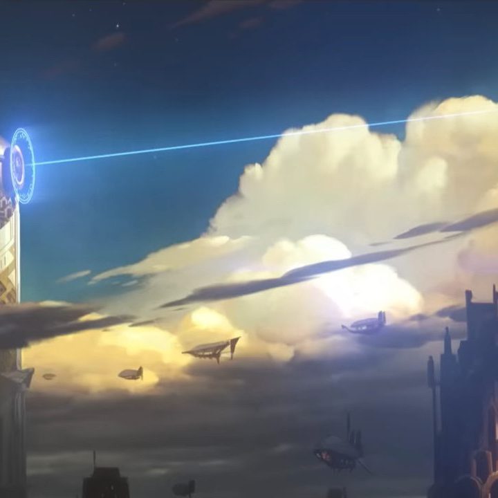 A beam of light shooting from a building and through the sky in "Arcane."