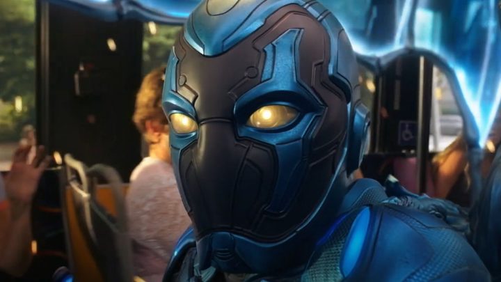 Xolo Maridueña catches a bus in Blue Beetle.