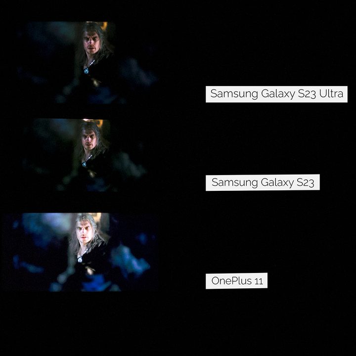 Samsung Galaxy S23 Ultra vs Samsung Galaxy S23 vs OnePlus 11 Dolby Vision HDR playback Netflix Witcher Season 2.