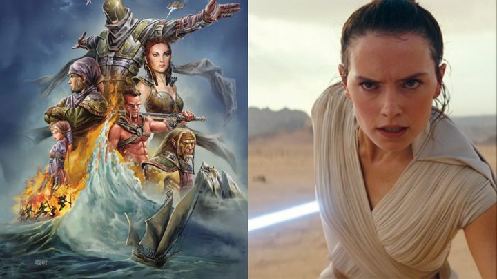 Split image of the Dawn of the Jedi comic book series and Rey in the Sequel Trilogy.