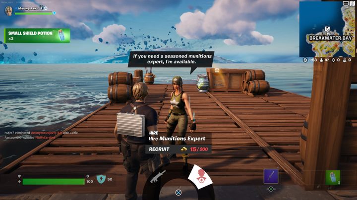 Character interacting with NPC in Fortnite.