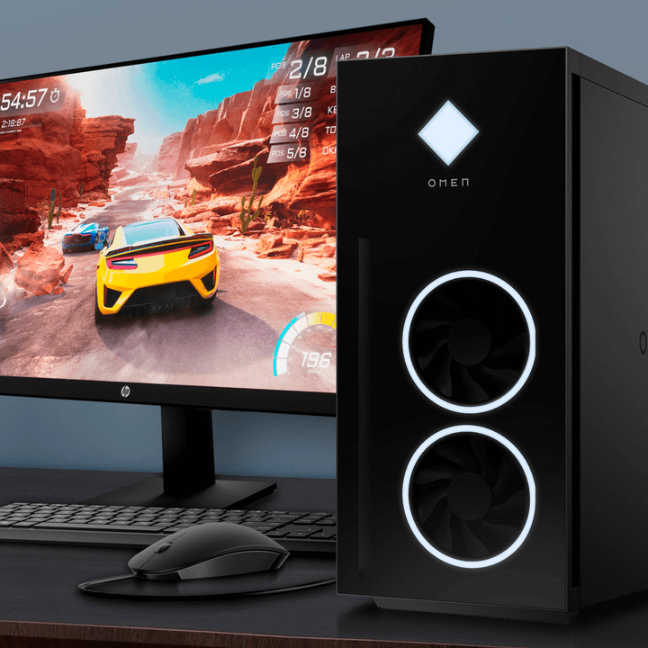 The HP Omen 40L gaming desktop with a monitor, mouse, and keyboard.