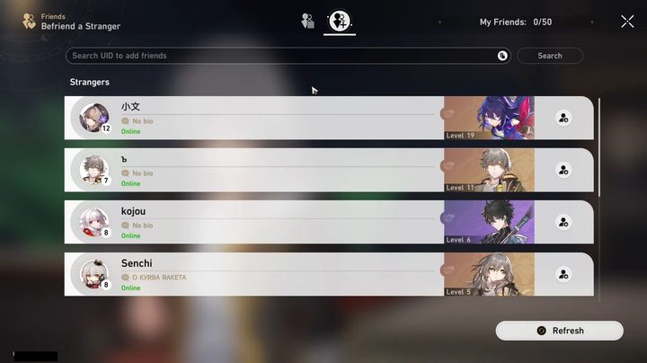 A friends list in Honkai with anime characters.