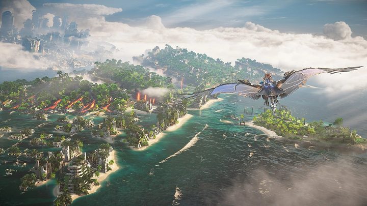 Aloy riding a machine in the sky over LA.