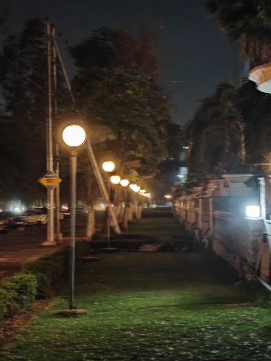 Night shot of lamps.