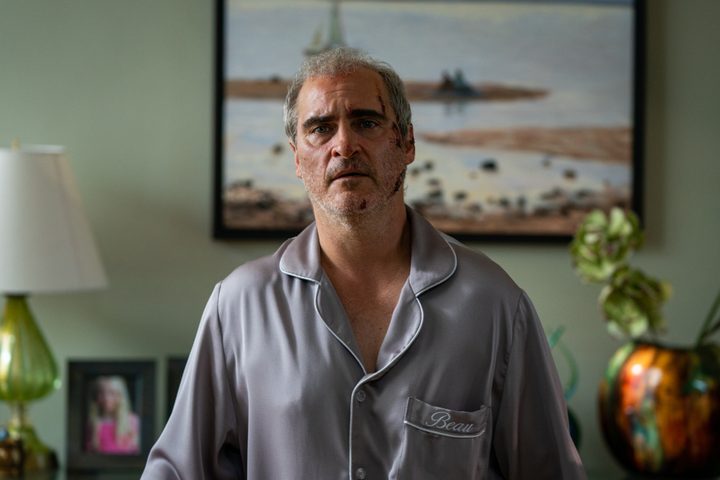 Joaquin Phoenix wears silk pajamas in "Beau is Afraid."