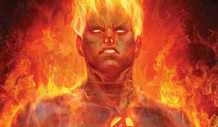 Johnny Storm with his flame on in Marvel Comics.