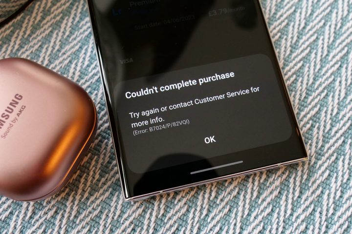 Adobe Lightroom for Samsung app payment problem message.