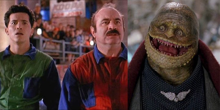Mario and Luigi stand next to a giant Koopa in 1993 Super Mario Bros movie