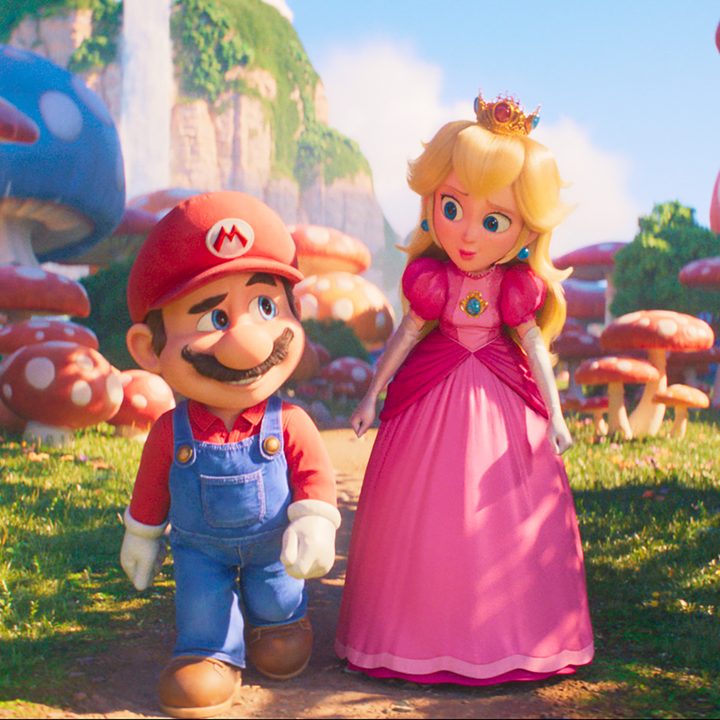 Mario and Peach walk through a mushroom field in The Super Mario Bros. Movie.