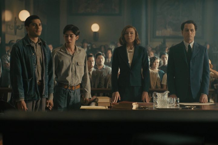Mateo and Rafael stand up in a courtroom with Della and Perry in the Perry Mason season 2 finale.