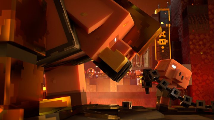 A pig Piglin threatens a smaller one in a Minecraft Legends cutscene.
