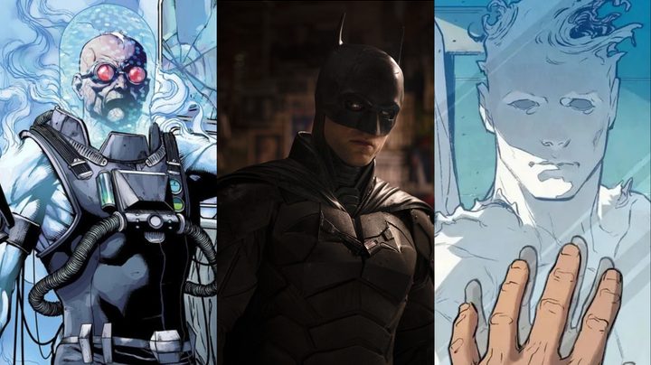 Split image of Mr. Freeze in Batman Annual, Robert Pattinson in The Batman, and Clayface in One Bad Day.