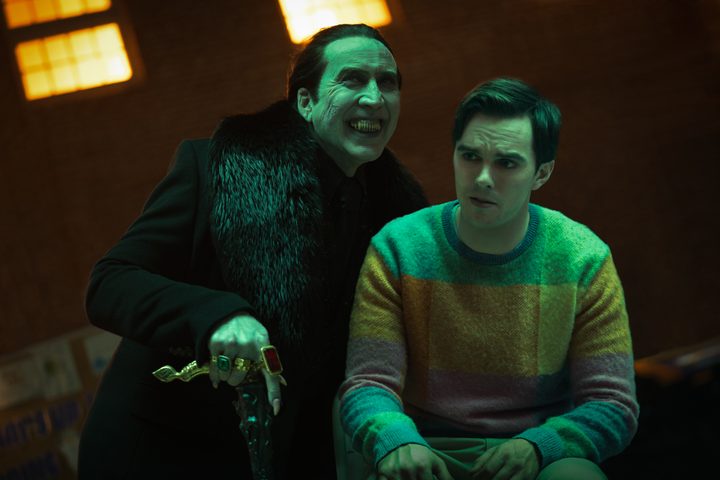 Nicolas Cage grins next to Nicholas Hoult in Renfield.