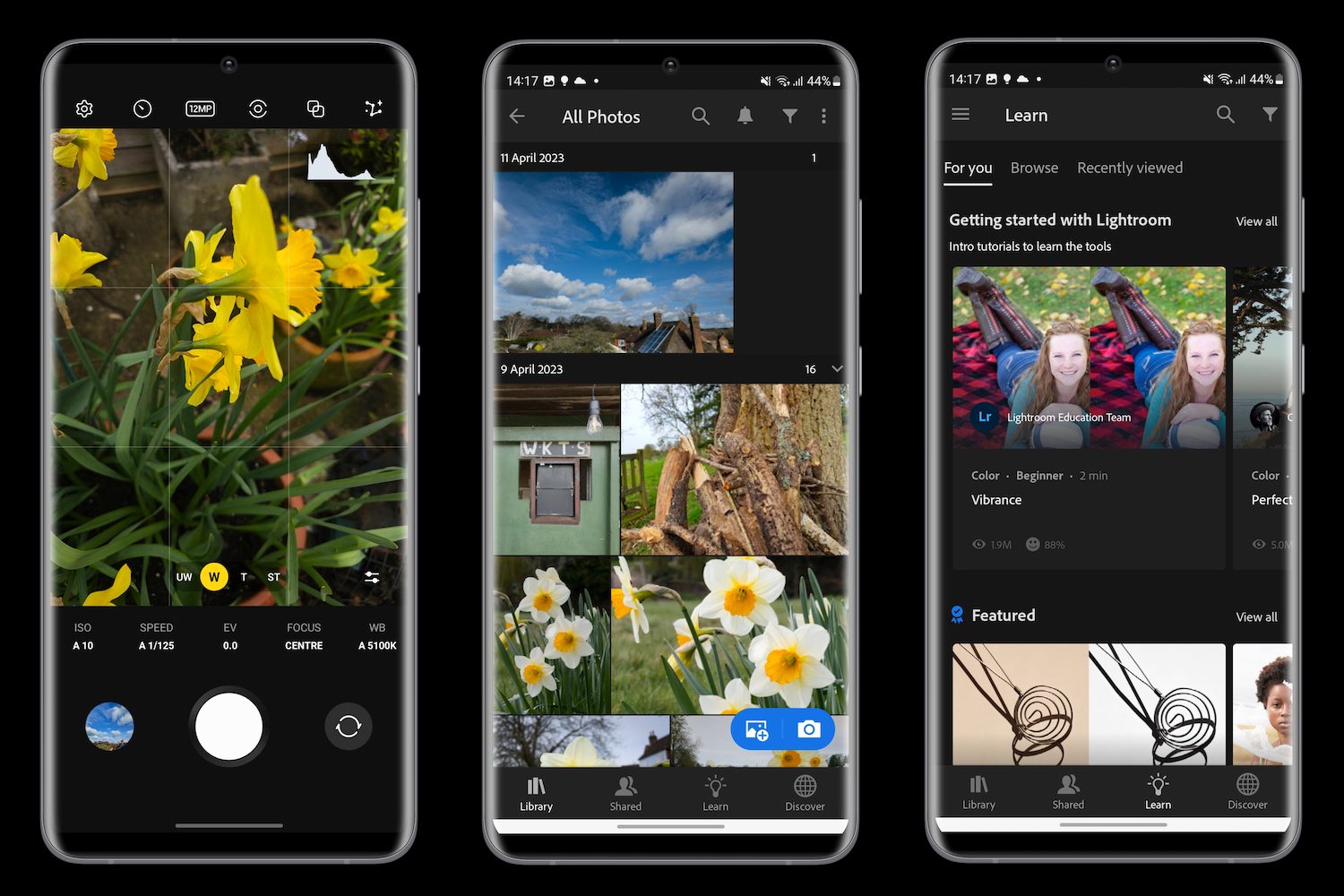 Screenshots from the Expert RAW and Lightroom app on the Galaxy S23 Ultra.