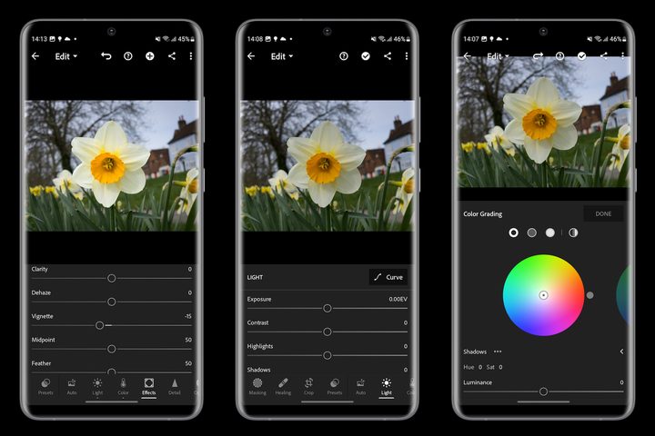 Screenshots from the Expert RAW and Lightroom app on the Galaxy S23 Ultra.