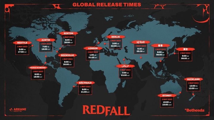 A map showing when Redfall releases.