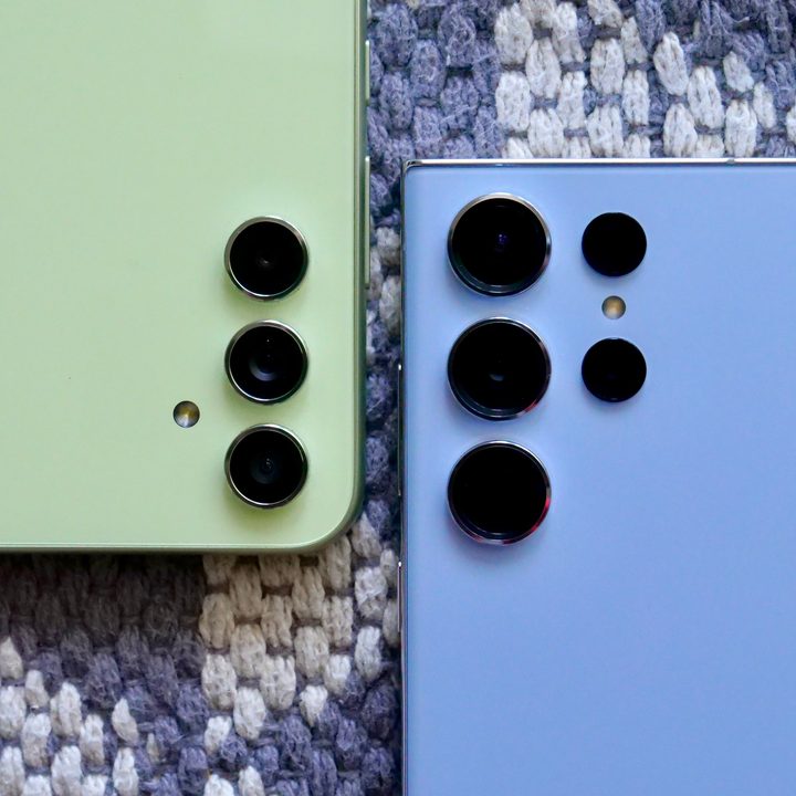 The Galaxy A54 and Galaxy S23 Ultra's camera modules.