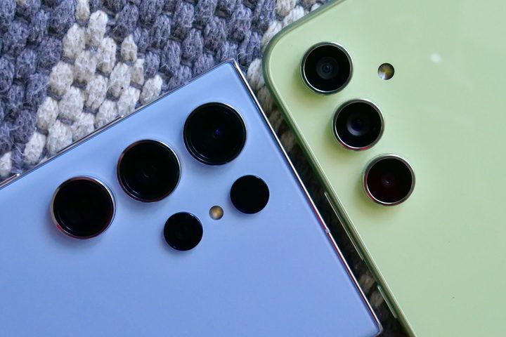 The Galaxy A54 and Galaxy S23 Ultra's camera modules.