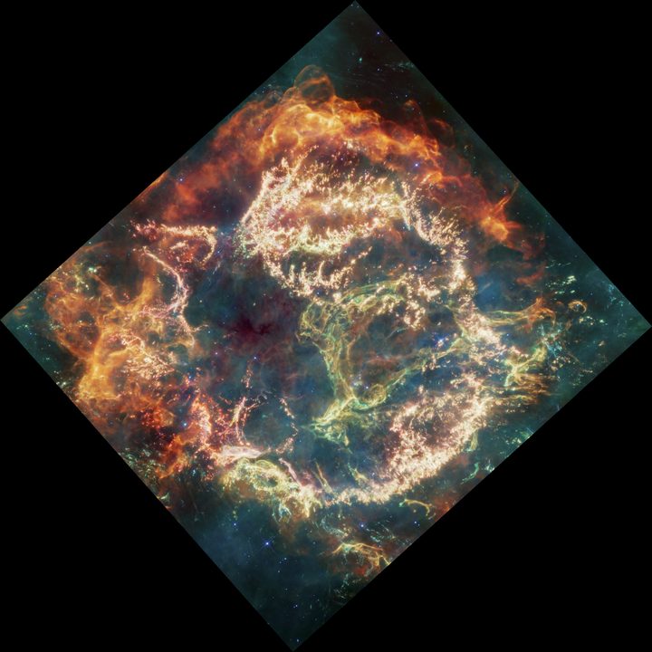 Cassiopeia A (Cas A) is a supernova remnant located about 11,000 light-years from Earth in the constellation Cassiopeia. It spans approximately 10 light-years. This new image uses data from Webb’s Mid-Infrared Instrument (MIRI) to reveal Cas A in a new light.This image combines various filters with the color red assigned to 25.5 microns (F2550W), orange-red to 21 microns (F2100W), orange to 18 microns (F1800W), yellow to 12.8 microns (F1280W), green to 11.3 microns (F1130W), cyan to 10 microns (F1000W), light blue to 7.7 microns (F770W), and blue to 5.6 microns (F560W). The data comes from general observer program 1947.
