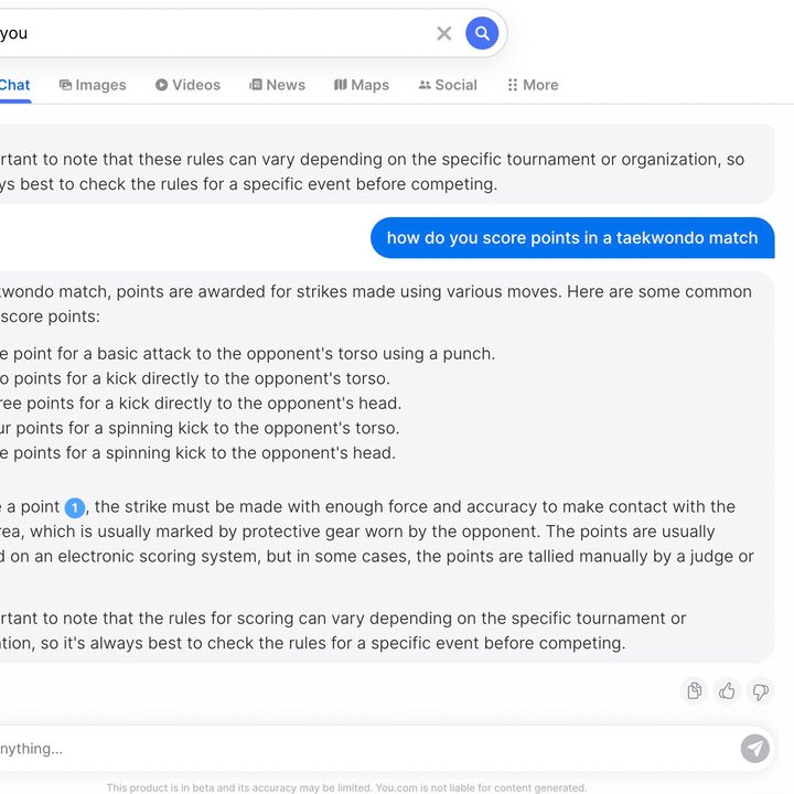 YouChat shown in a window answering a question about Taekwondo.