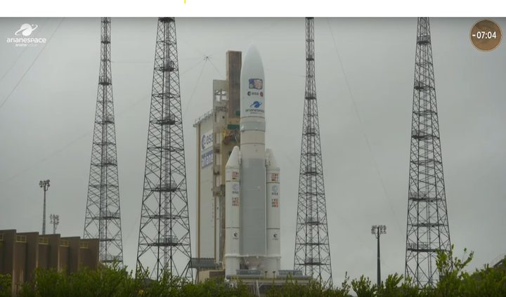An Ariane 5 rocket containing the Juice spacecraft on the launchpad at Europe’s Spaceport in Kourou, French Guiana, on Thursday April 13 2023.