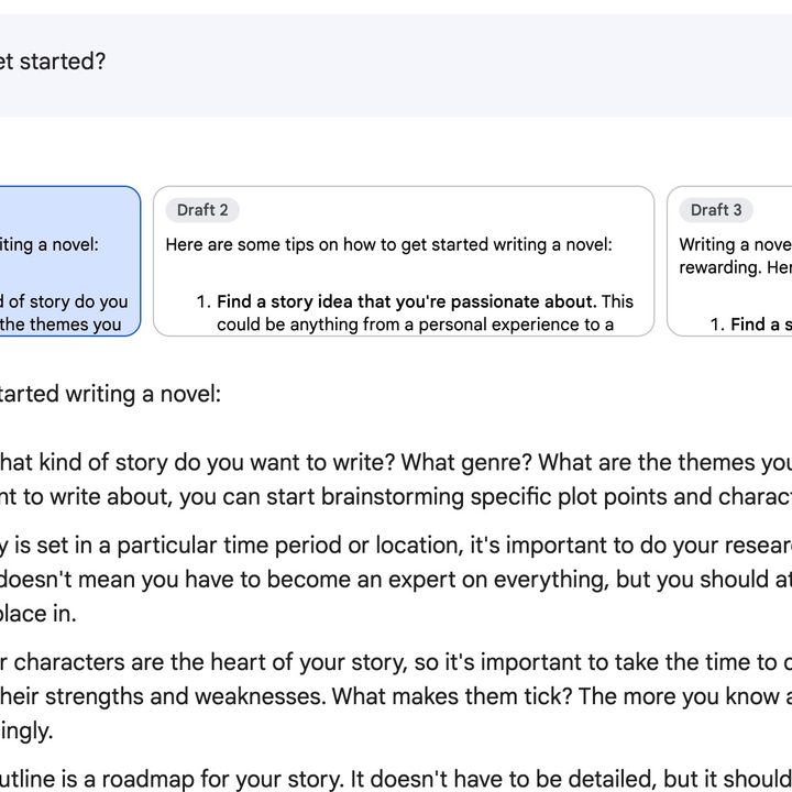 Viewing different drafts in Google Bard.