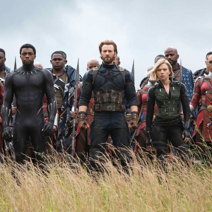 T'Challa, Captain America, and Black Widow stand in front of the Wakandan army in "Avengers: Infinity War."