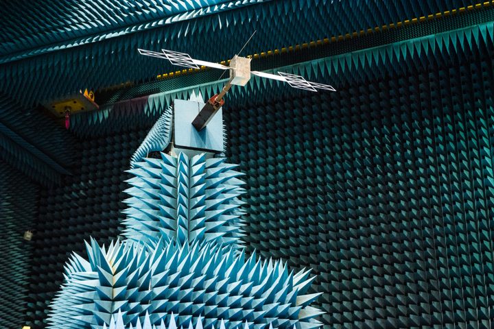 A 1:18 scale model of the Juice mission's RIME antenna – Radar for Icy Moons Exploration, mounted on top of a simplified spacecraft model during tests in the Hertz facility at the European Space Research and Technology Centre (ESTEC) in Noordwijk, The Netherlands.