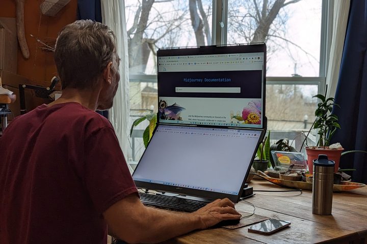 The Geminos doubles your screen space, but has the footprint of a single monitor.