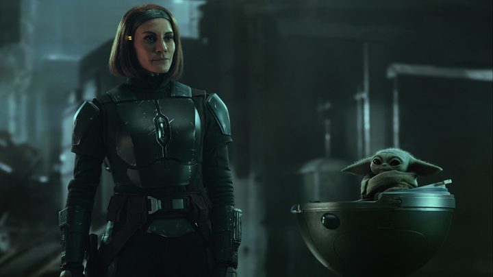 Bo-Katan with Grogu in The Mines of Mandalore.