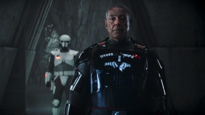 Moff Gideon flanked by one of his Storm Troopers.