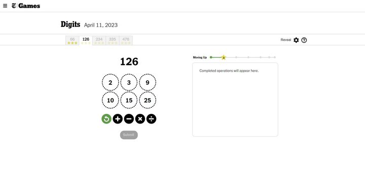 A puzzle from The New York TImes' latest puzzle game, Digits.