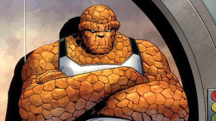 The Thing with his arms crossed and looking upset in Marvel Comics.