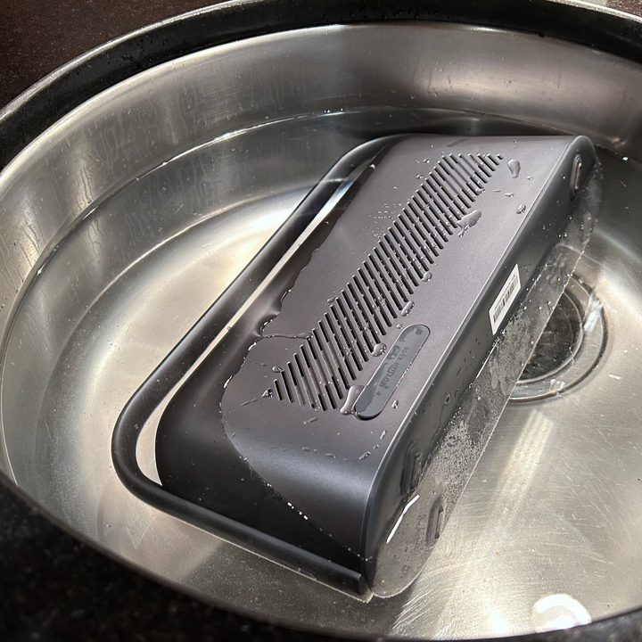 Anker Soundcore Motion X600 floating upside down in water.