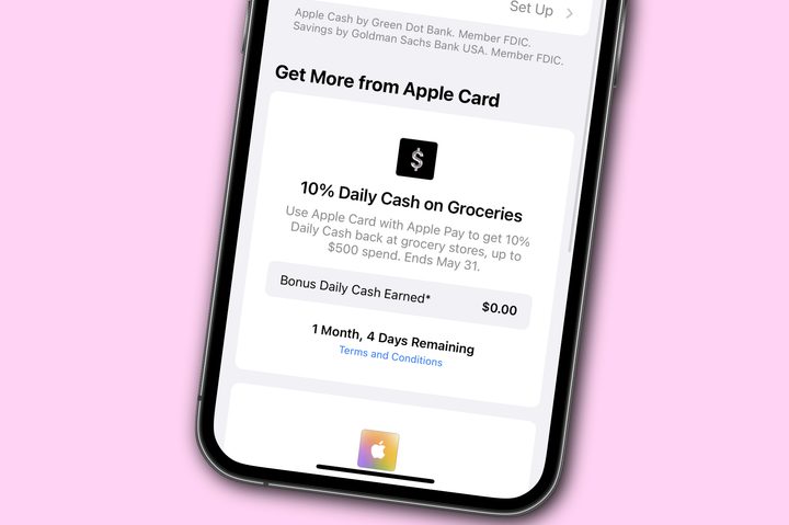 Daily Cash page for the Apple Card, showing a 10% back promo for grocery store purchases.