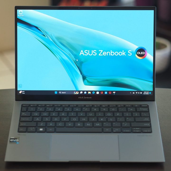 Asus ZenBook S 13 OLED 2023 front view showing display and keyboard deck.
