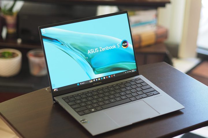 Asus Zenbook S 13 OLED 2023 front angled view showing display and keyboard deck.