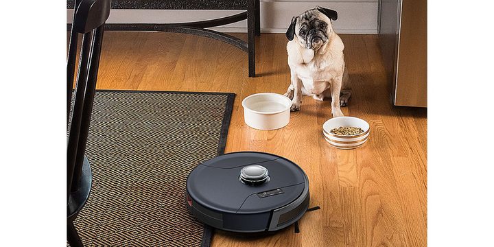 The bObsweep PetHair SLAM Robot Vacuum placed on a wooden floor next to a dog looking at it.
