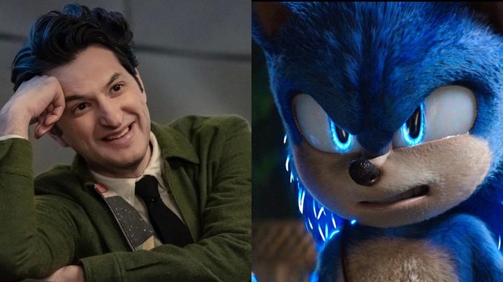 Split image of Ben Schwartz and Sonic the Hedgehog