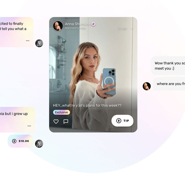 An image of a Fanfix post that shows a woman taking a mirror selfie with various direct messages floating around her.