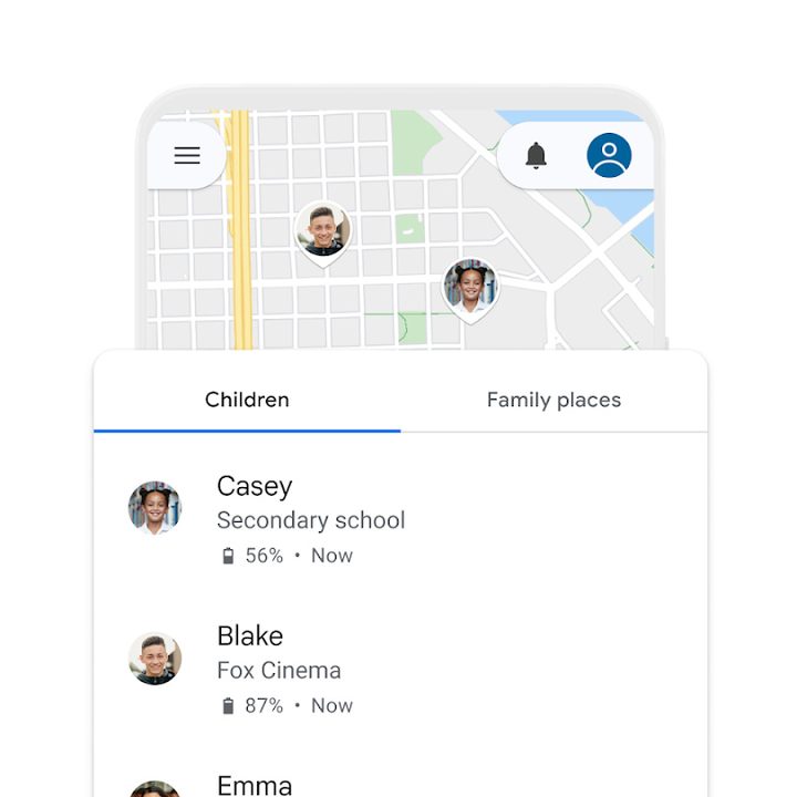 Tracking battery life and location in Google Family Link.