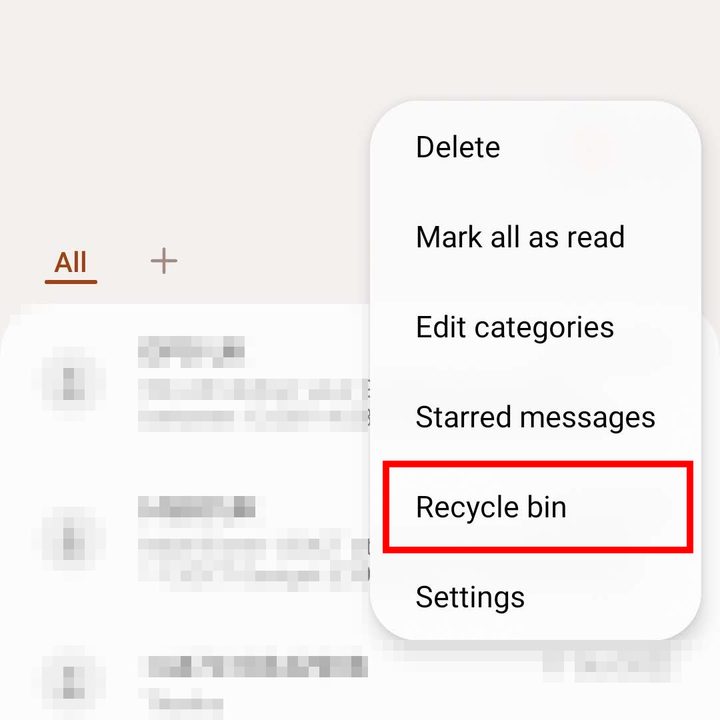 Finding the Recycle Bin in Samsung Messages.