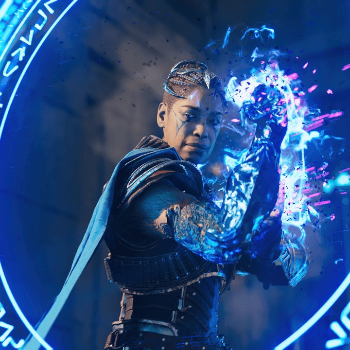 A character wields blue magic in Immortals of Aveum.